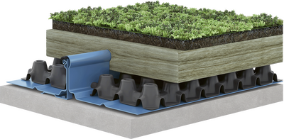 Grafische Darstellung des Aufbaus eines Zambelli Gründachsystems auf RIB-ROOF Metalldach - schematische Ansicht der einzelnen Aufbauschichten